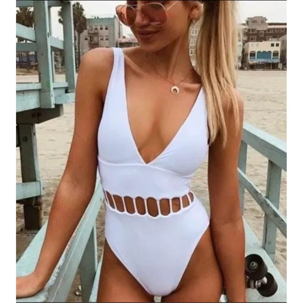 Cupshe Womens White Deep V Neck Ladder Cutout One Piece Swimsuit Monokini Large